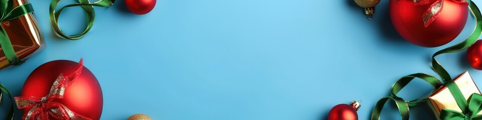 Classic Christmas decorations with red balls, gold gifts, and green ribbons on a solid blue background with empty copy space.