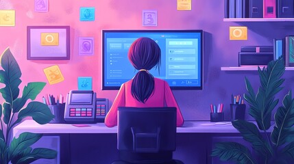 Young professional working at a computer in a colorful, organized home office with sticky notes and plants. Creative workspace concept.