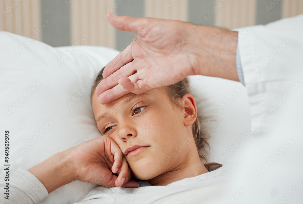 Poster Girl, exam and sick in bed with doctor for fever, temperature or care consultation check up in house. Home, hand and kid with pediatrician and hygiene in bedroom with disease or viral infection