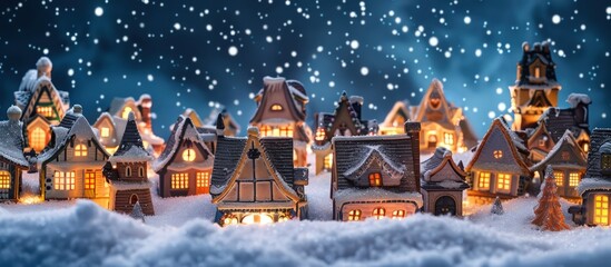 Christmas village scene with glowing windows and snowy rooftops, full empty copy space for text.
