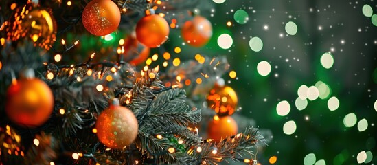 Christmas tree featuring fiery orange baubles with a soft focus on twinkling green lights in the background.