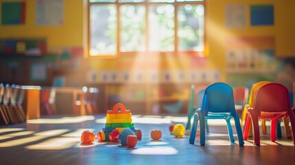 A softly blurred image of a vibrant, colorful kindergarten classroom filled with educational toys and small chairs, bathed in warm sunlight