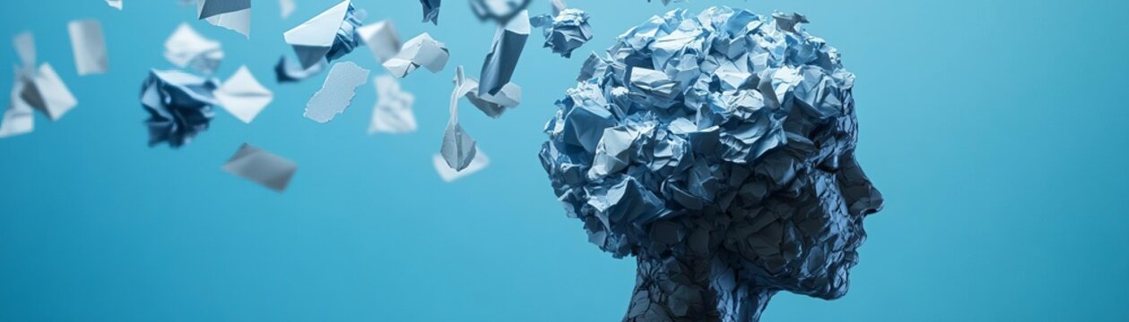 A side profile of a person s head made of crumpled paper, with more paper pieces floating above, representing the clutter of thoughts in mental health challenges