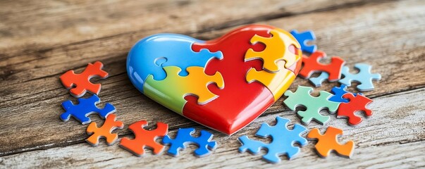 A colorful heartshaped puzzle lying on a wooden table, with scattered pieces around it, symbolizing autism awareness