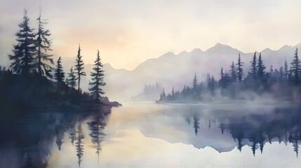 Serene dawn mist rising over mountain lake with pine trees watercolor landscape