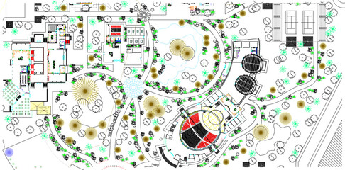Vector illustration silhouette design detail background layout plan siteplan landscape city park metropolis full of plants