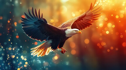 Fototapeta premium majestic eagle in flight, wings spread wide, soaring through a vibrant, bokeh-filled background with warm orange and cool blue hues, symbolizing freedom and strength.