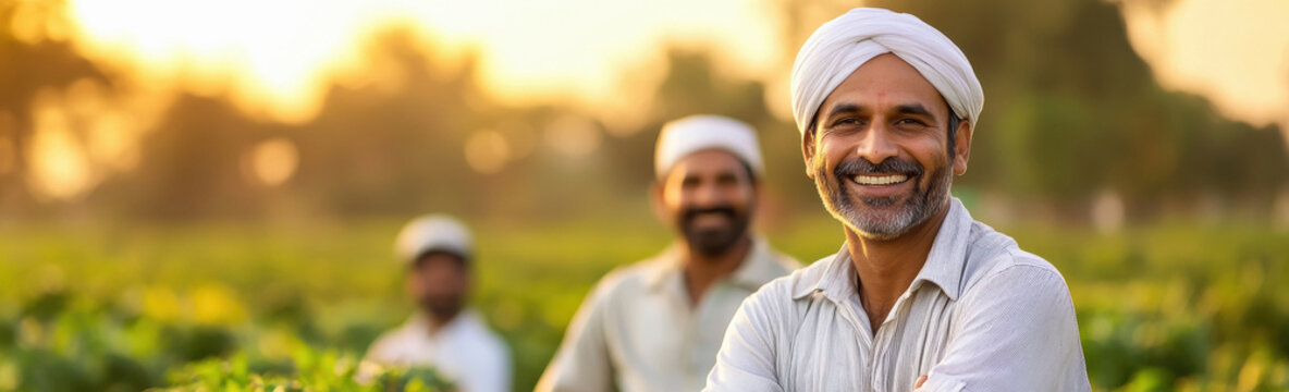Indian farmers group or labors standing confidently at agriculture field