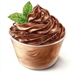 Close-up of a chocolate ice cream with mint garnish in a paper cup.