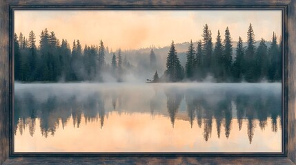 Fototapeta premium Peaceful lake at sunrise mist hovering above water framed by pine forest soft pastel tones