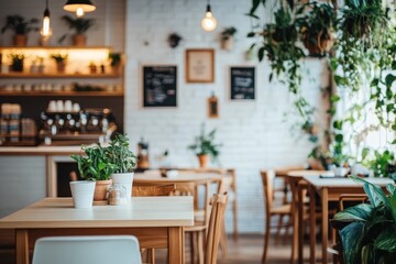 Fototapeta premium A cozy caf? interior featuring plants, wooden furniture, and a warm atmosphere.