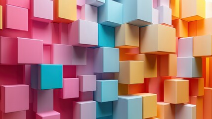 Obraz premium vibrant, colorful 3D abstract pattern of variously sized cubes in shades of pink, blue, yellow, and orange, creating a dynamic and playful visual effect.