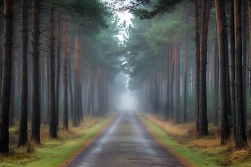 Fototapeta premium a misty pine forest road with tall trees