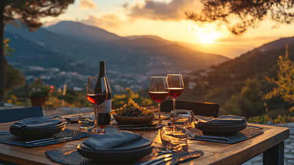 Fototapeta premium Romantic outdoor dinner setting at sunset with wine, plates, and stunning mountain view, perfect for dining or celebration.