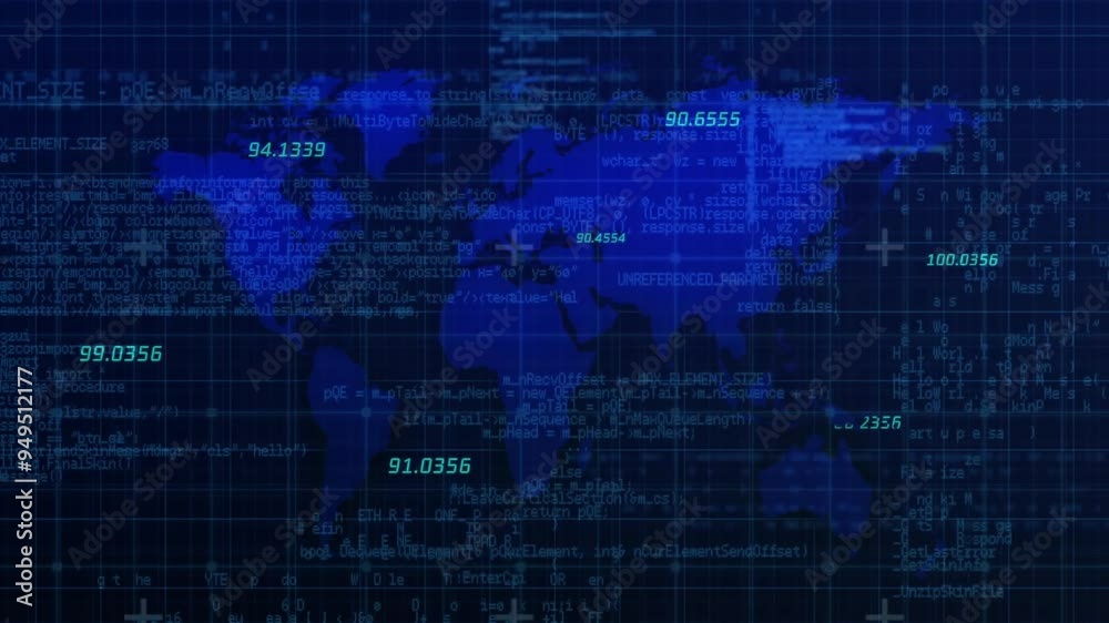 Poster World map with coordinates and data processing animation