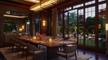 A sophisticated dining room with a long wooden table, elegant chairs, ambient lighting, and large windows overlooking a beautiful garden.