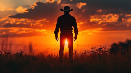  cowboy stands tall in a field, silhouetted against a fiery sunset, embodying the rugged spirit and solitude of the Wild West.