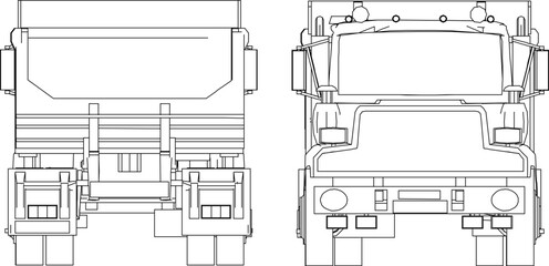Vector illustration silhouette design of detailed construction truck trailer transport vehicle with open container body for material delivery