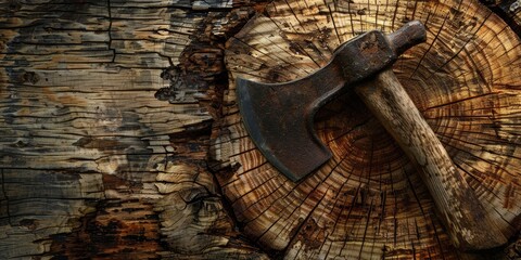 Iron axe with a wooden grip lodged in a tree trunk