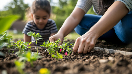 Mother and her child planting seeds together in their backyard garden, hands dirty with soil, excited to watch the flowers grow , woman and kid Spring Garden Planting concept image