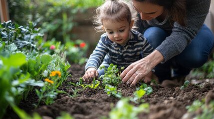Mother and her child planting seeds together in their backyard garden, hands dirty with soil, excited to watch the flowers grow , woman and kid Spring Garden Planting concept image
