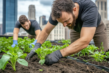 Fototapeta premium Two men tending to plants in an urban rooftop garden, with a city skyline in the background, promoting sustainable urban farming