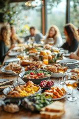 Fototapeta premium Friends and family gathering for festive Thanksgiving dinner, Thanksgiving Celebration with blurred background