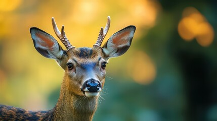 portrait of a young deer with small antlers, set against a blurred background of autumn colors, capturing the grace and innocence of this woodland creature.