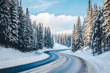 Obraz premium A scenic view of a pine forest road curving around