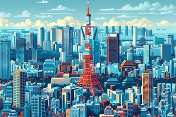 Obraz premium The Eiffel Tower stands tall in a detailed painting capturing its architectural beauty against the Paris skyline, Show the iconic Tokyo Tower standing tall amidst a sea of buildings and urban life