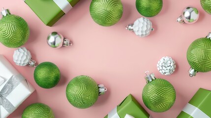 Christmas balls in green, white gifts, and silver decorations on a solid pink background with empty copy space.