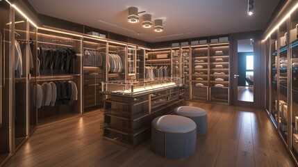 Fototapeta premium A spacious walk-in closet with custom shelving, bright lighting, a central island with glass display cases, and a luxurious seating area.