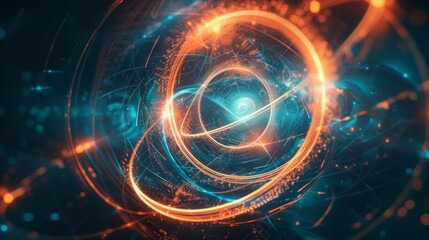 Obraz premium Glowing particle in a circular path through a dark quantum realm with light trails and waves