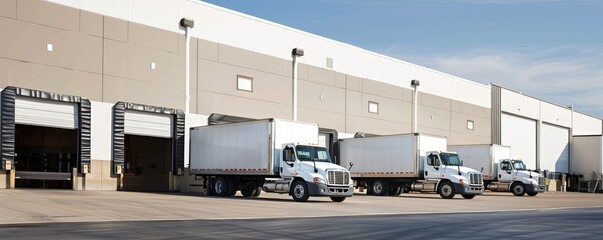 Fleet of cargo trucks parked at a warehouse loading area.