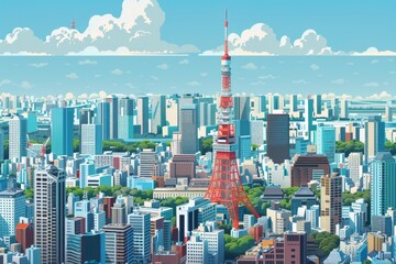 Naklejka premium A painting featuring the iconic Eiffel Tower standing tall in Paris, Show the iconic Tokyo Tower standing tall amidst a sea of buildings and urban life