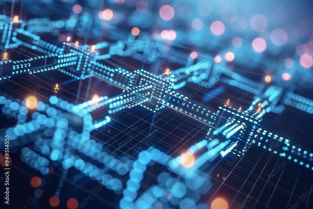 Poster abstract blue and white background illuminated by lights, show the interconnected network of blocks 