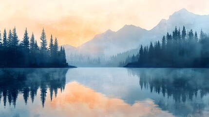 Fototapeta premium Misty mountain lake at sunrise pine trees and soft watercolor gradients