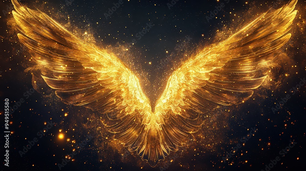 Wall mural radiant golden wings glowing with intense light and surrounded by sparkling particles, creating a di