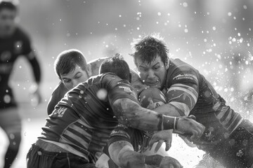 A group of men engaged in a competitive game of rugby, tackling, passing, and running on the field full of intensity and teamwork, Show the physicality and strength of players engaging in a ruck