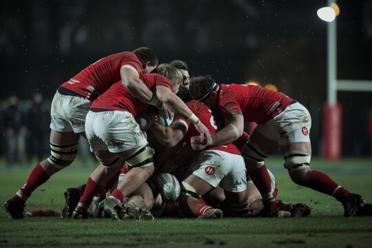 Men in sports attire fiercely competing in a game of rugby on a field, Show the physicality and strength of players engaging in a ruck - Powered by Adobe