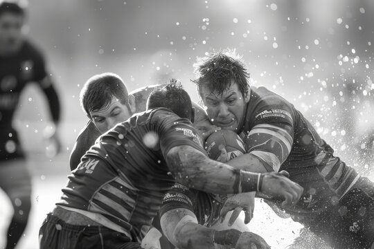 A group of men engaged in a competitive game of rugby, tackling, passing, and running on the field full of intensity and teamwork, Show the physicality and strength of players engaging in a ruck