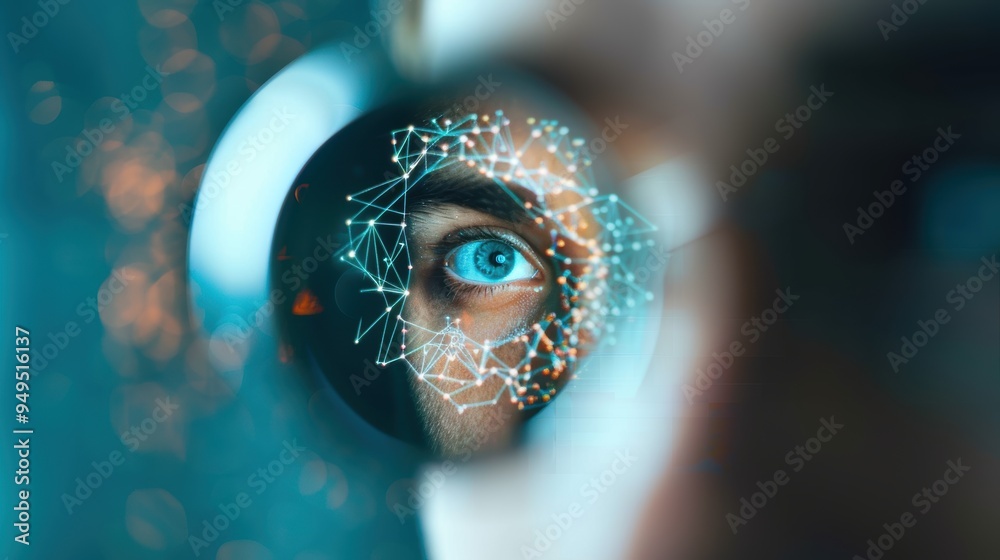 Poster a person looking into a mirror, seeing a reflection of their brain with a knowledge network visualiz