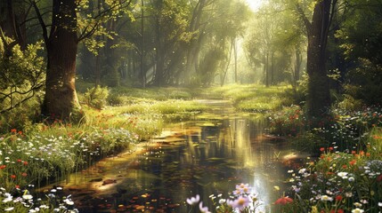 A tranquil forest glade with sunlight streaming through the trees, a clear stream winding through, and wildflowers in bloom.