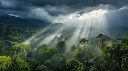 Sunbeams piercing storm clouds over lush rainforest, dramatic sky meets verdant landscape, nature's ethereal light display