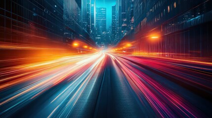  futuristic cityscape with neon streaks of red, pink, and blue light, representing the fast-paced energy of urban life and technology.