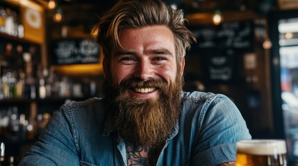 Fototapeta premium Modern Hipster Enjoying a Beer in Cozy Bar with Stylish Beard and Smile
