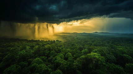 Majestic rainstorm over lush forest at sunset, dramatic sky meets verdant landscape, nature's power display, golden light piercing storm clouds