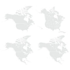 Detailed Map of North America with isolated countries.United States, Canada ,Mexico. New York City, Los Angeles, Chicago, Toronto, Mexico City, Washington D.C., Miami, San Francisco, Houston.