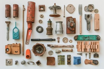 Various tools neatly placed on a white background surface, showcasing different shapes and functions, Show the transformation of discarded materials into new, functional objects