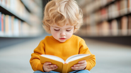 Young boy reading book in library, childhood literacy, early education, curiosity and learning, quiet study time